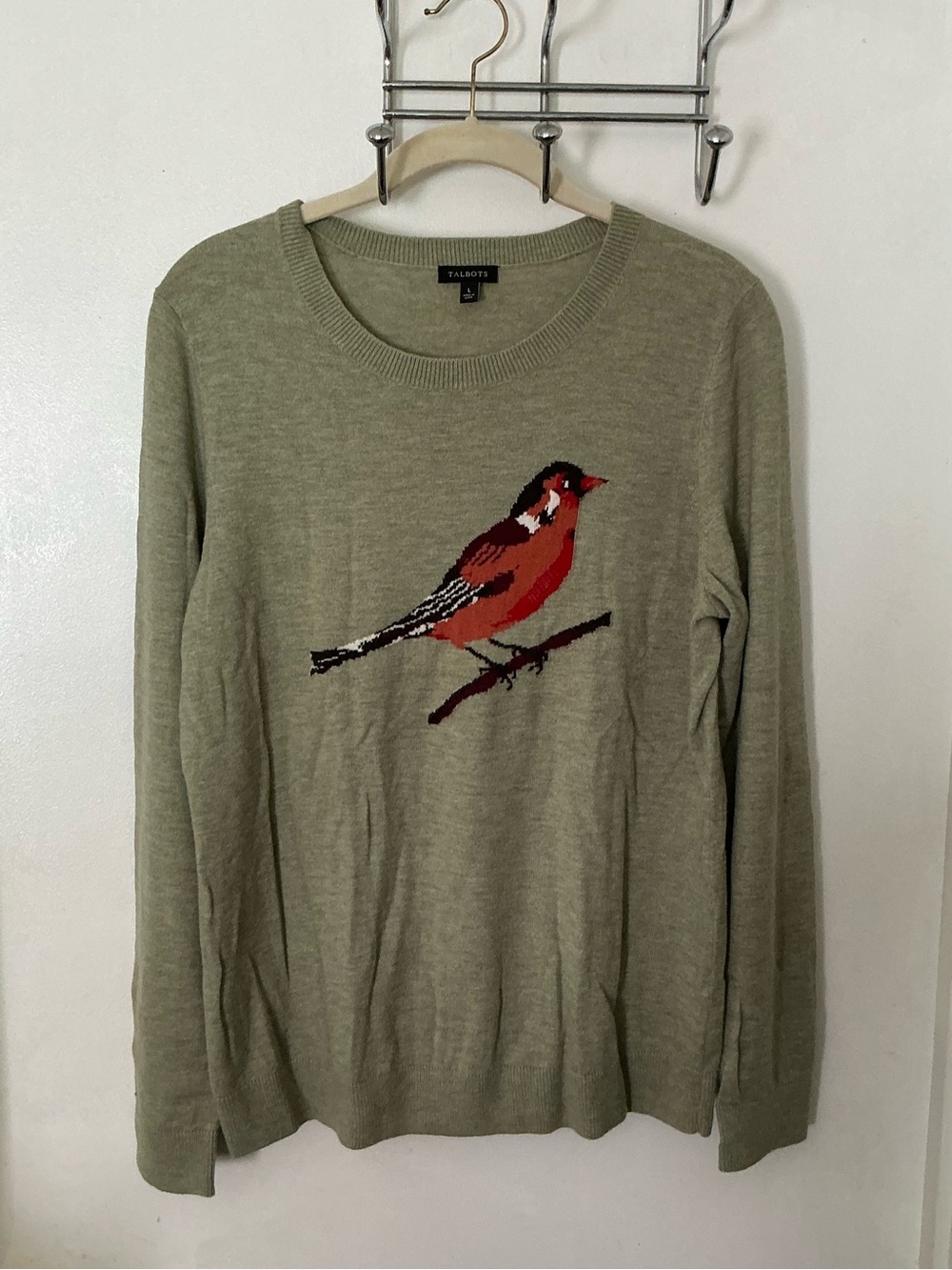 Talbots Green 70% Nylon 30% Lambswool Crewneck Sweater with Bird Large